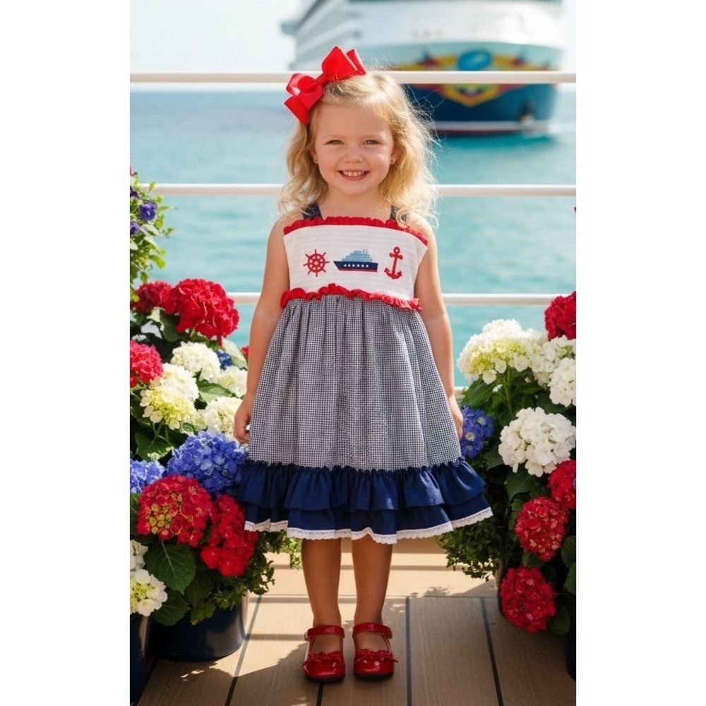 Marie Nicole Smocked Red White Blue Disney Cruise theme Dress Girls Size 4 (L)